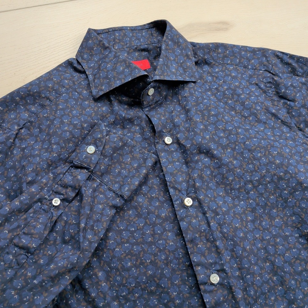 Isaia Napoli Shirt Mens 16/41 Floral Print Blue Long Sleeve Made in Italy